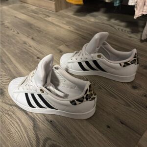 Adidas Superstars with Black Stripes and Leopard Print